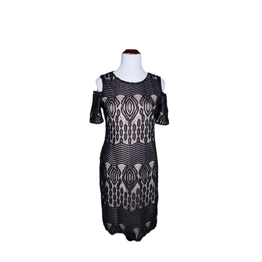 Sharagano Lace Overlay Cold Shoulder Cut  Out Dress Black Tan Size 4
